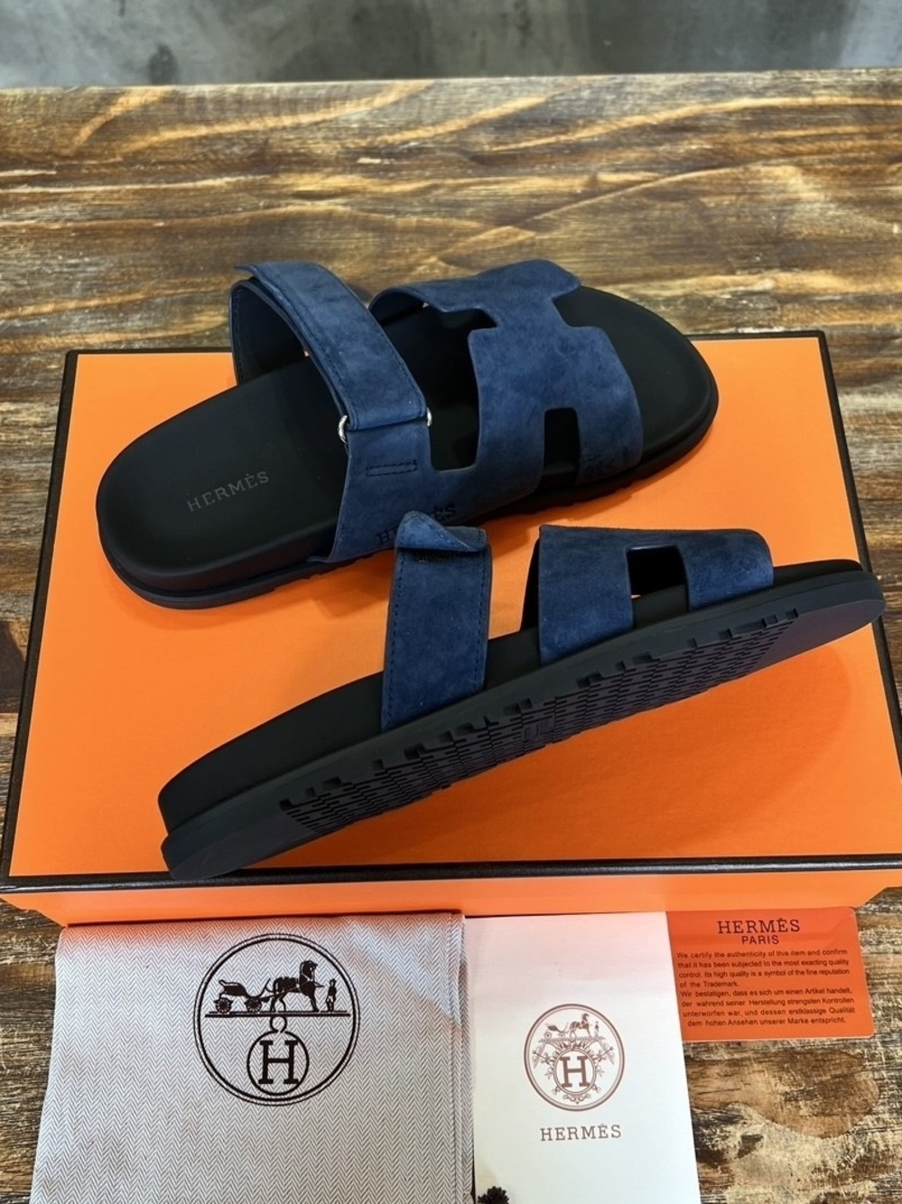 Hermes Blue Celesta Suede Men's Chypre Sandals - Picture 3 of 5